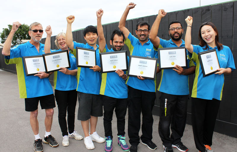 Raman Vitoria, Colleen Drummond, Jaeyong Shim, Rohit Chawla, Dinoop Anandan, Surej Nair and Christina Yoon with their Certificate in Commercial Cleaning Level 1.