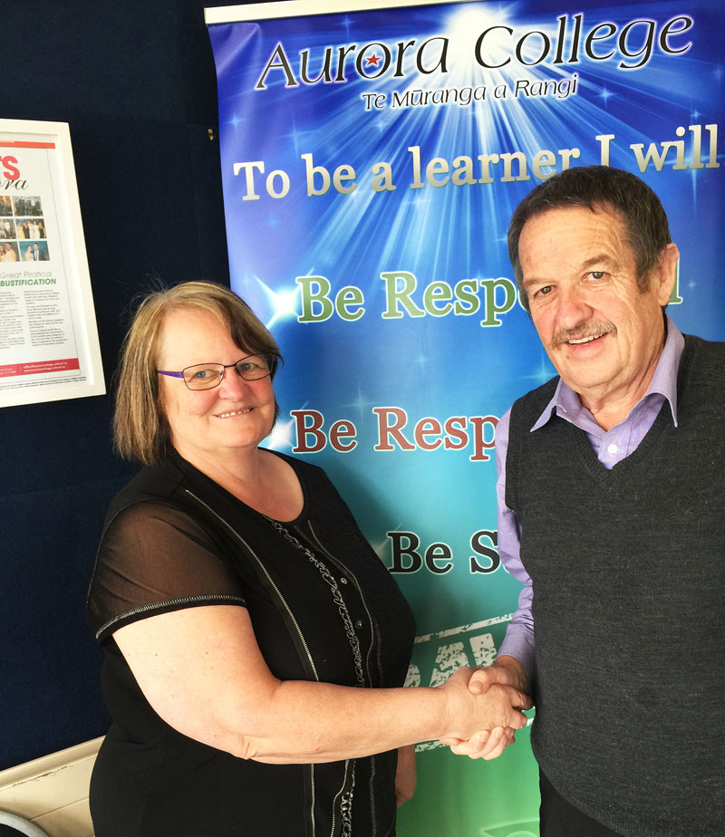 Lois Fairbairn, Executive Officer for Aurora College in Invercargill, with Crest’s Southland Manager Glenn Cockroft.