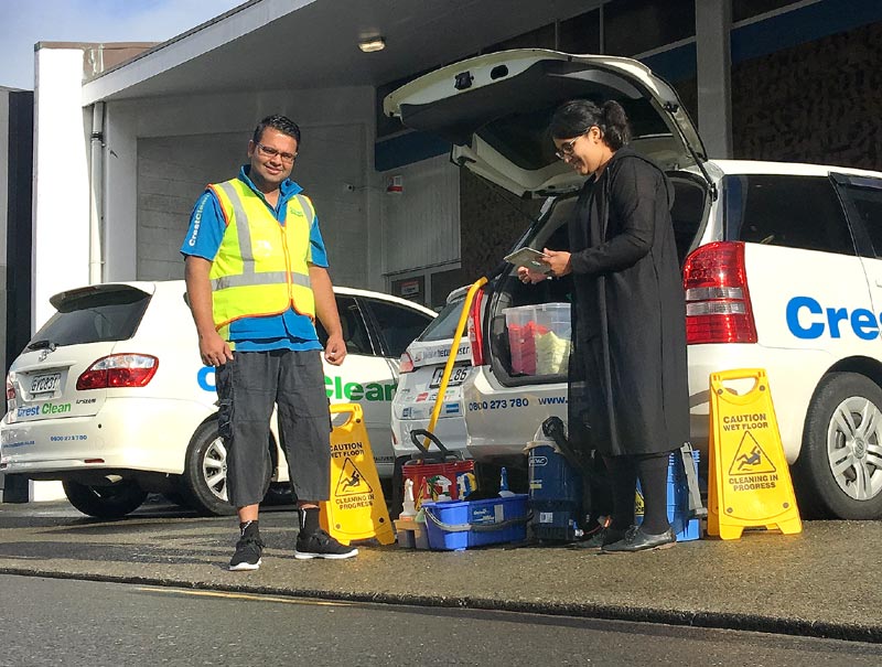 Hutt Valley Regional Manager Zainab Ali checks over Naval Gupta’s car and equipment during the audit. The audit is extensive in its range of items and checks that come under scrutiny. 