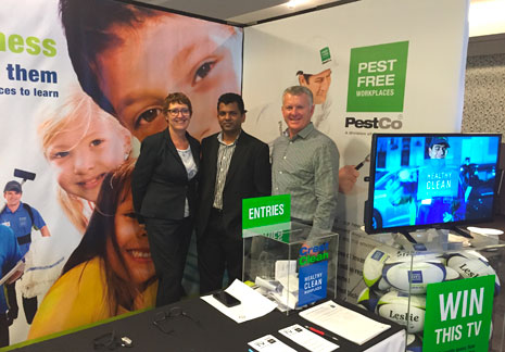 CrestClean’s Managing Director Grant McLauchlan (right) manning a conference stand with West Auckland Regional Manager Caroline Wedding and South and East Auckland Regional Manager Viky Narayan. 
