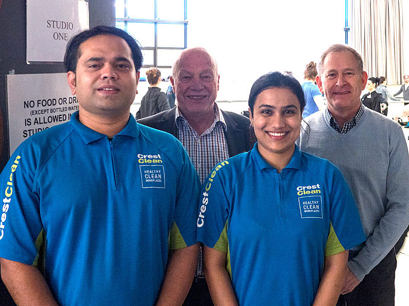Franchisees Swapnil and Jyoti Raut with CrestClean’s Wellington Regional Manager Richard Brodie and Nigel Boyes Office Administrator at the New Zealand Ballet. 