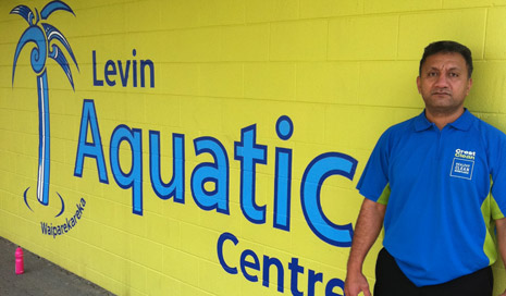 Pictured is Franchisee Tepuke Pola outside the Levin Aquatic Centre