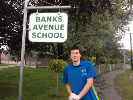 Pictured is CrestClean Franchisee Leo Li outside Banks Ave School