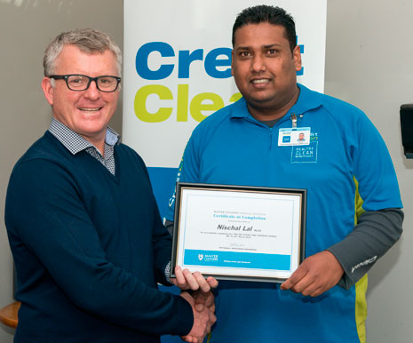 Managing Director Grant McLauchlan presented Nischal Lal with a Master Cleaners Training Institute Floor Care Training Course Certificate of Completion.