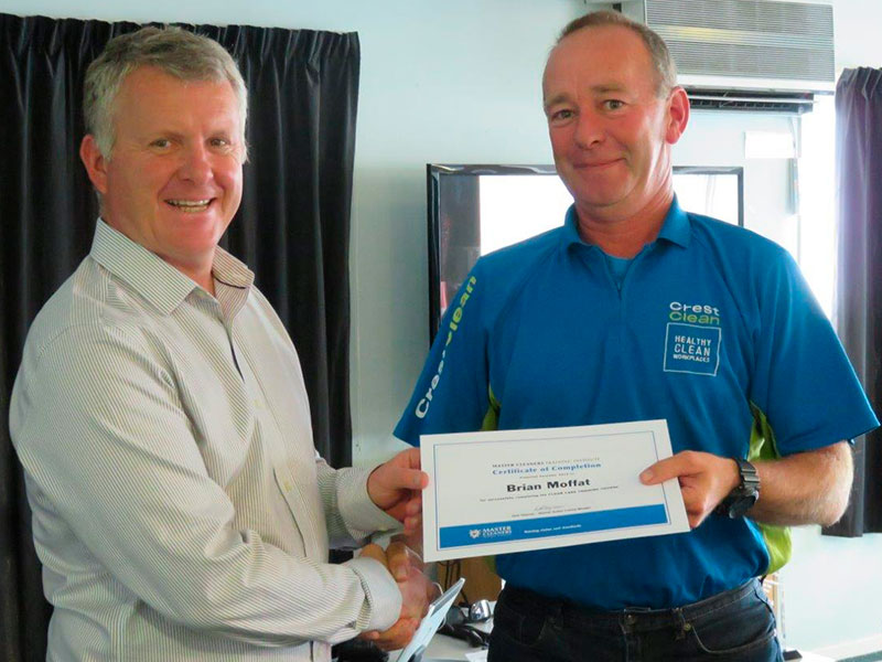Brian Moffat received his Hard Floor Care Course completion certificate from CrestClean Managing Director Grant McLauchlan.