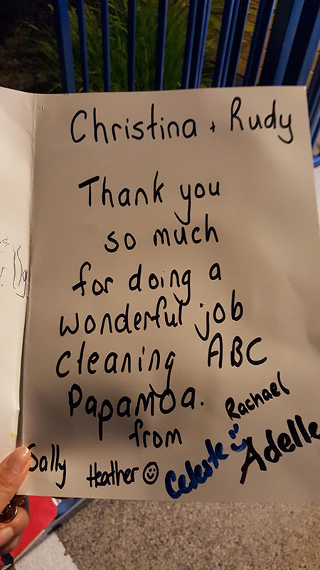 Christina and Rudy Yoon received a card from ABC Papamoa for doing a wonderful job.