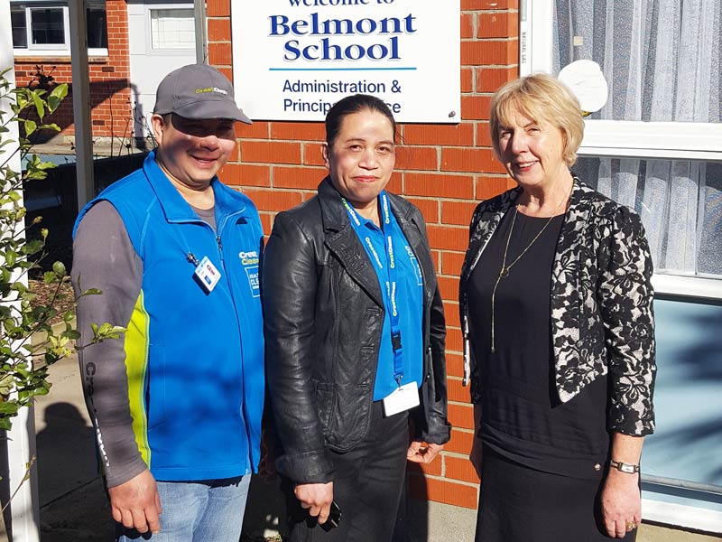 Helen and Greg Caingcoy are “part of the Belmont School team”. They are seen with Principal Robin Thomson.
