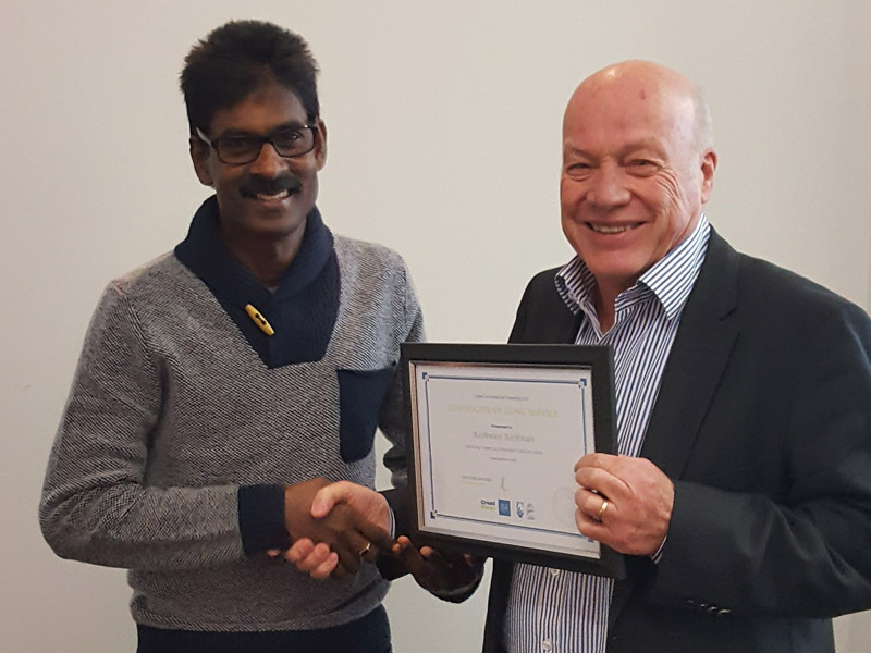 Keshwan’s a man on a mission to reach 10 years with CrestClean. He is seen receiving his seven-year Long Service Certificate from Wellington Regional Manager Richard Brodie.