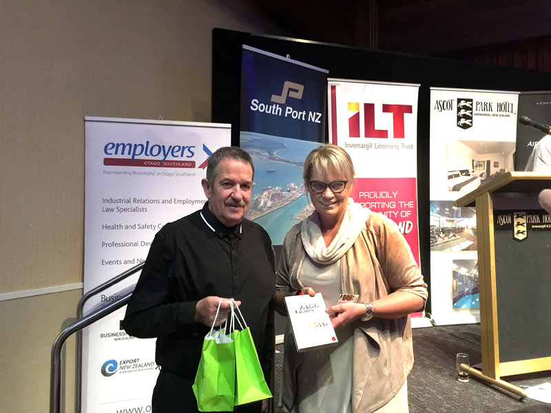 Glenn Cockroft with guest speaker Zelda La Grange. Goodie bags from CrestClean greeted guests at the Invercargill lunch.