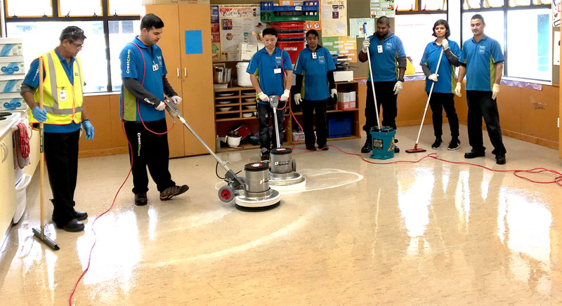 Master Cleaners Training Institute trainer Praneel Prasad (far right) with participants on the Hard Floor Care course who were delighted with the shiny results of their labours.
