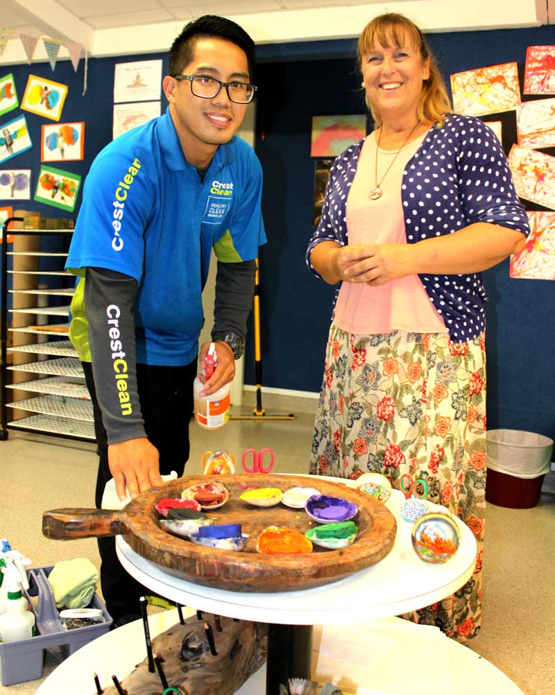 Alex Lopez enjoys keeping everything clean at Inspired Otumoetai. With him is Jacqui Pritchard, Head Teacher.