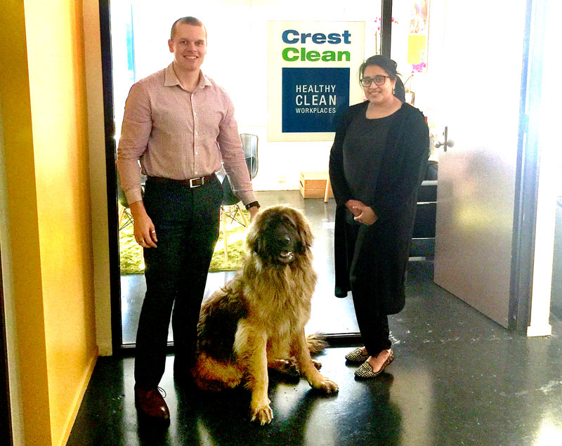 Philip Wilson, Wellington Quality Assurance Co-ordinator, meets Leon at CrestClean’s new Hutt Valley office. Looking on is Hutt Valley Regional Manager Zainab Ali.