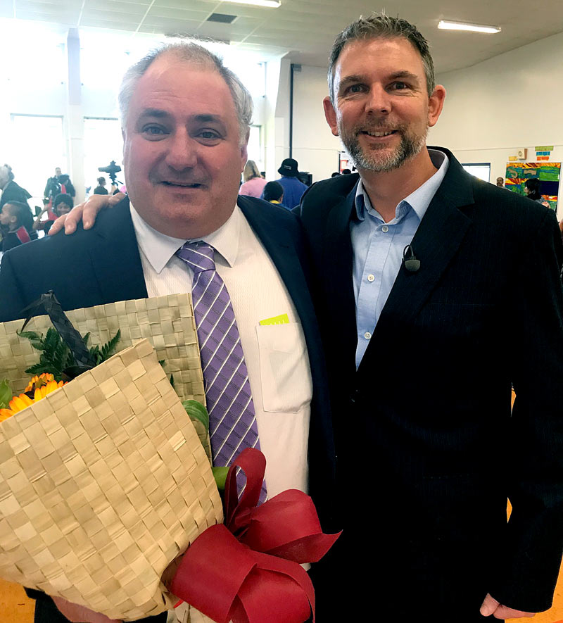 CrestClean’s Auckland Regional Manager Dries Mangnus with Chris Herlihy, Glen Taylor School’s Principal