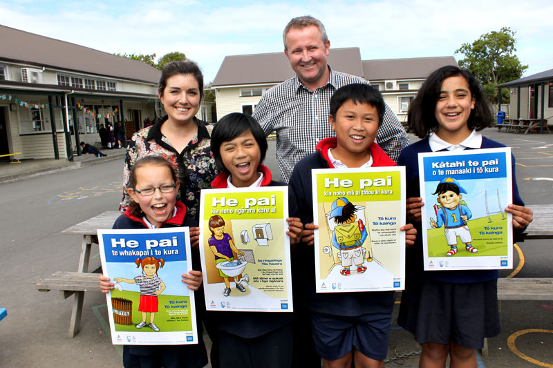 Sacred Heart School Principal Frank McManus with Gina Holland, CrestClean’s Christchurch South Regional Manager, and pupils Rachael, Sean, Angelo and Te Haeata.