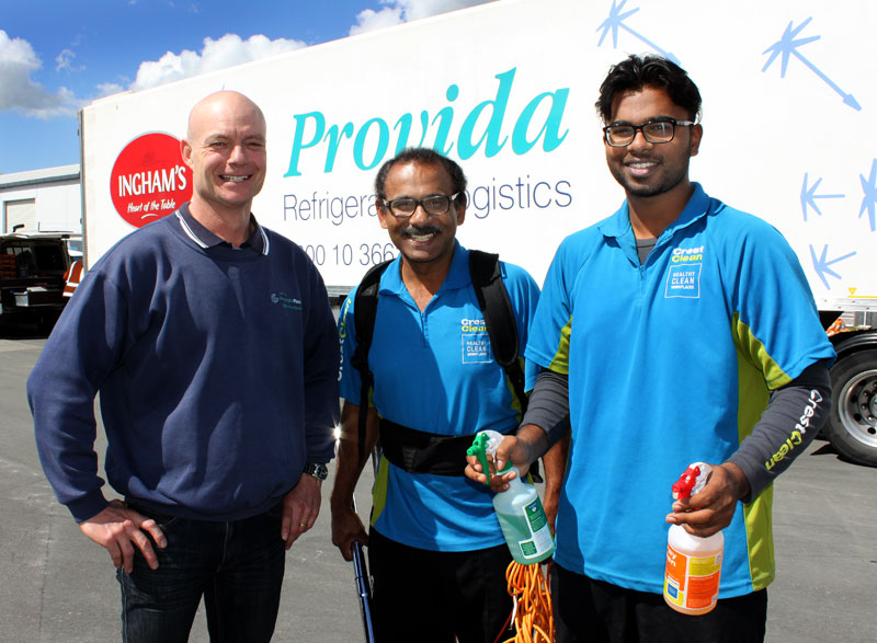Gaine Dalbeth, Operations Manager Provida Foods, Hamilton, is more than happy with the cleaning services provided by John and Deepak Selvaraj.