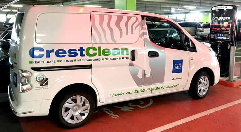 2017: This brand new CrestClean Nissan e-NV200 van is a state of the art all-electric vehicle. It carries the logo: “Lovin’ our ZERO EMISSION vehicle”. 