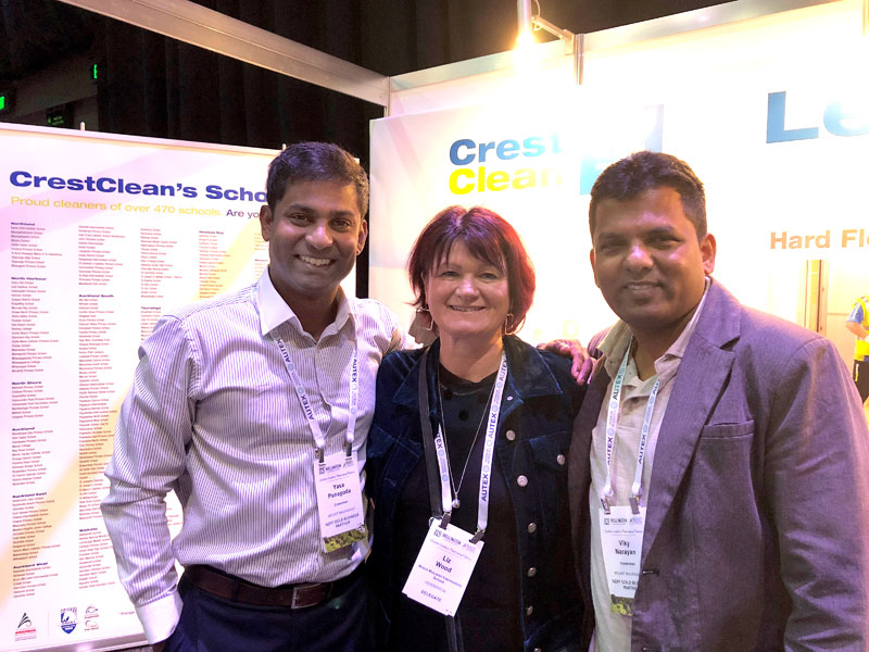 CrestClean’s Yasa Panagoda and Viky Narayan with conference delegate Liz Wood from Bruce McLaren Intermediate School, Henderson. 