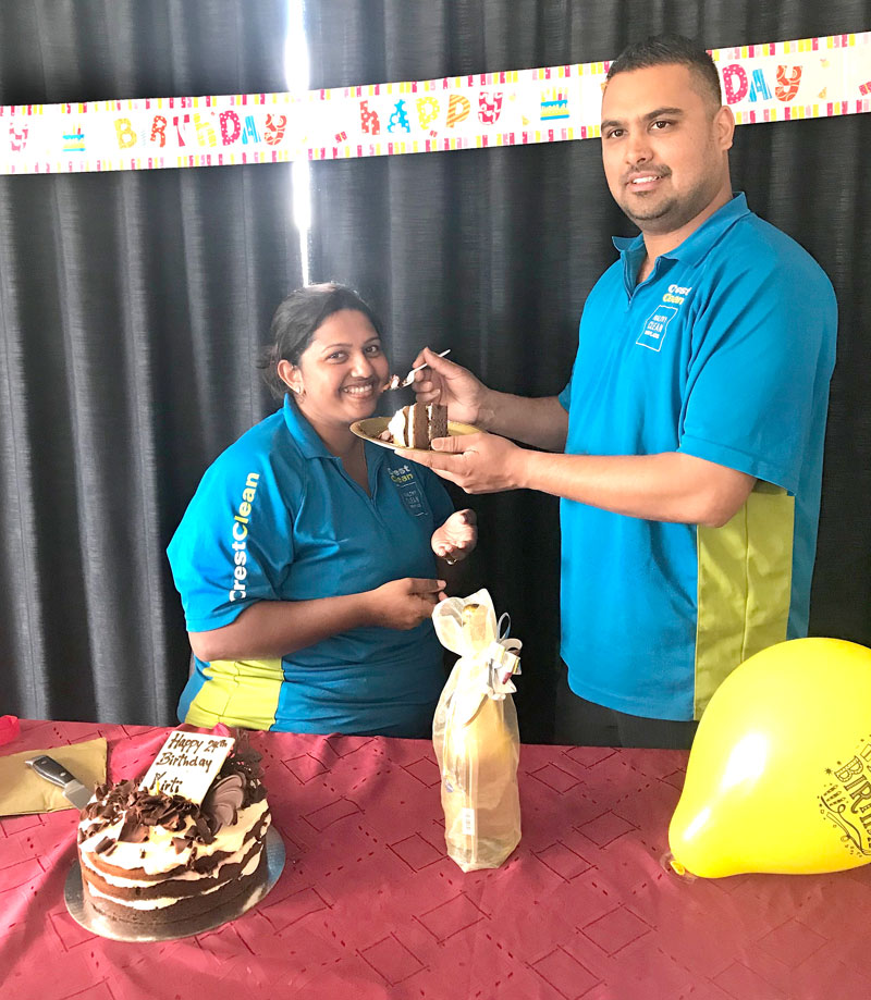 Kirti Naicker with her husband Alvin Kumar helping to celebrate her birthday. 
