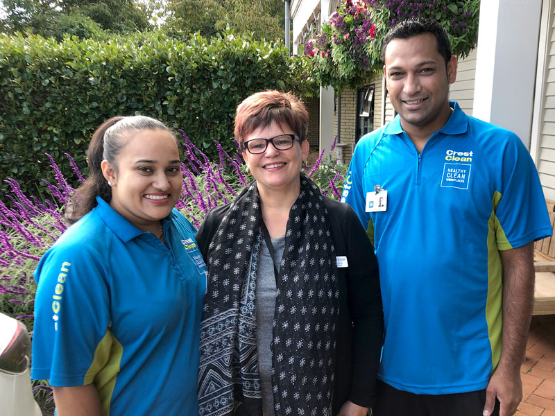 Amanda Zinsli, Quality and Clinical Projects Manager, Hospice West Auckland, with CrestClean’s Ashna Devi and Edwin Prakash. 